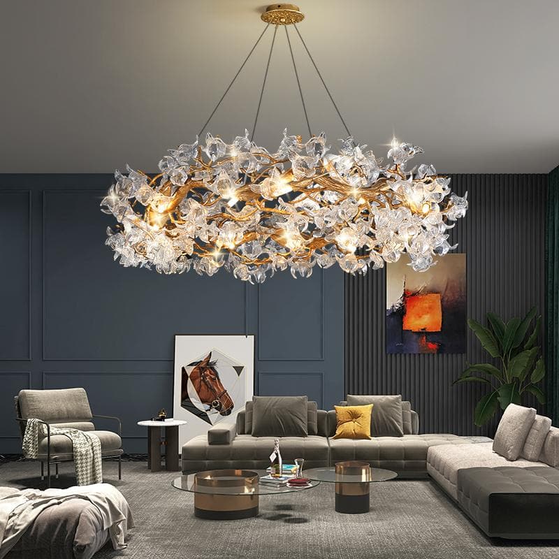 Branch Petal Crystal Brass Round Chandelier