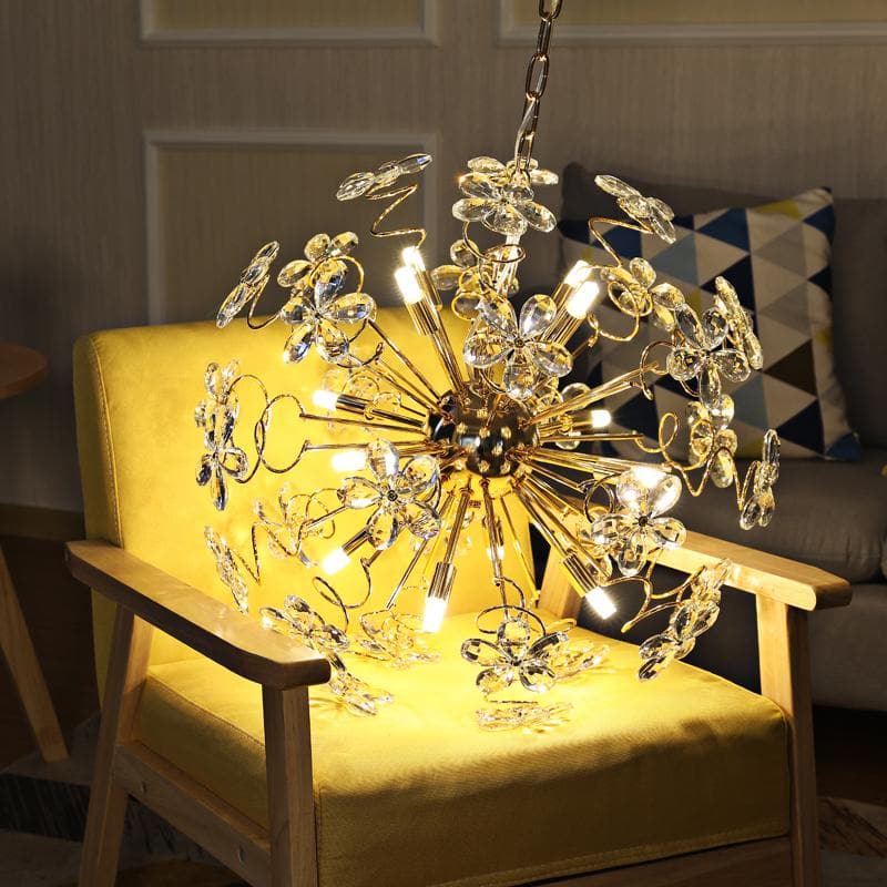 Golden Faceted Crystal Petal Dandelion Chandelier 24"